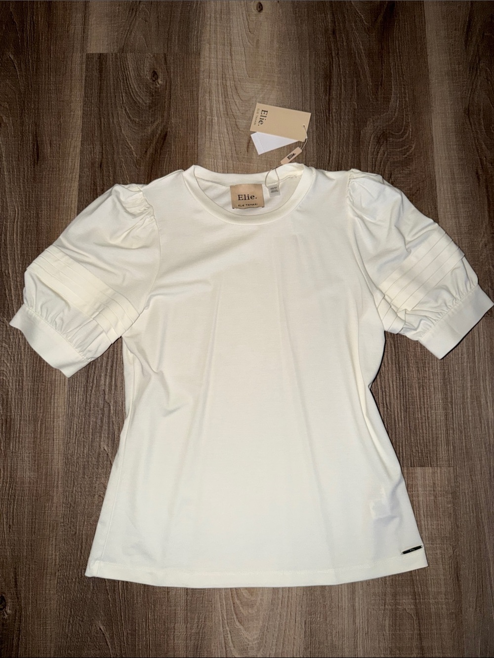 🤍 NWT Elie Tahari Cream Puff-Sleeve Crewneck Tee Top Blouse XS 🤍